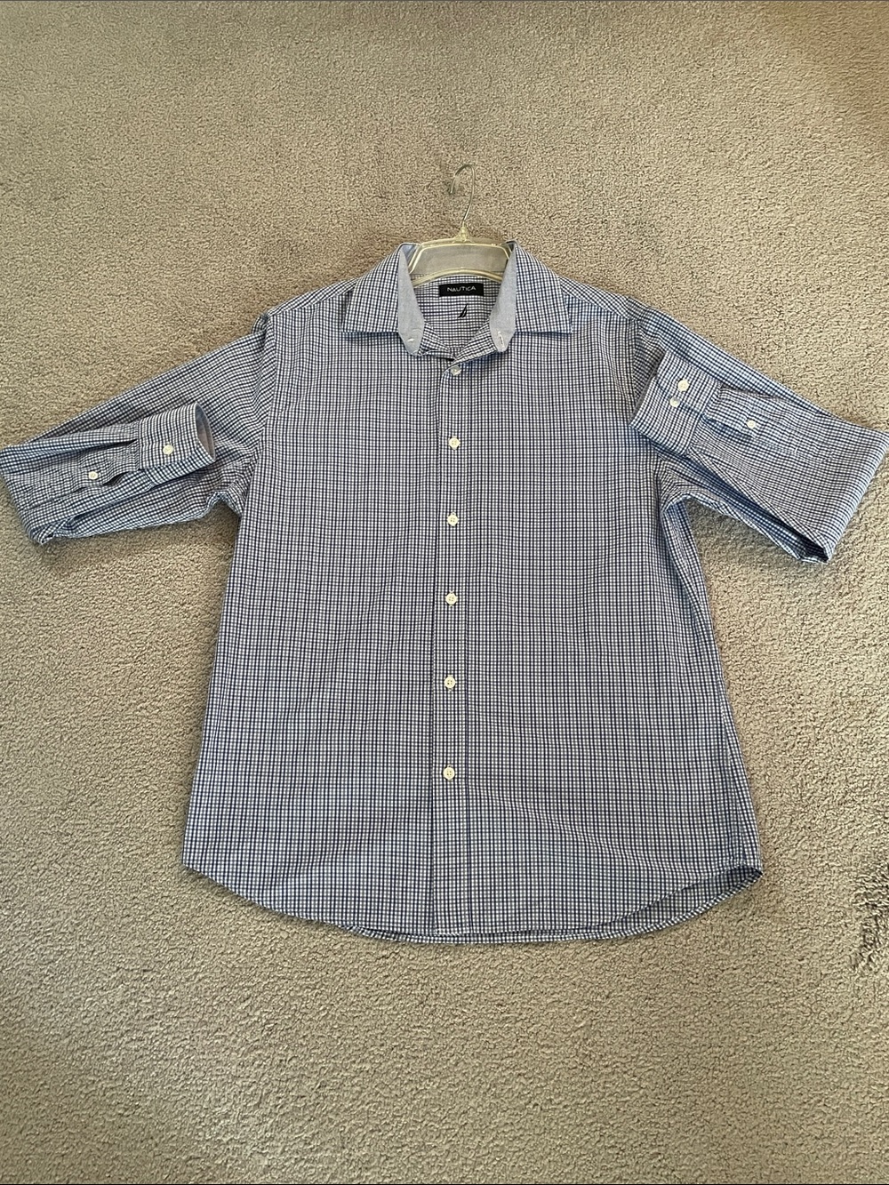 NWOT Nautica 100% Cotton Dress Shirt Navy Gingham 15.5 32/33 M